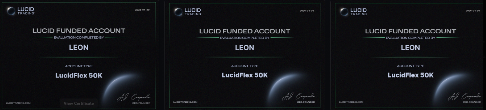 Three Lucid Trading LucidFlex 50K funded account evaluations completed by Leon