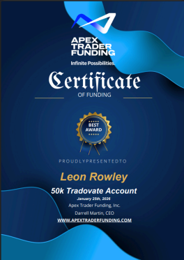 Apex Trader Funding — 50k Tradovate Account certificate for Leon Rowley